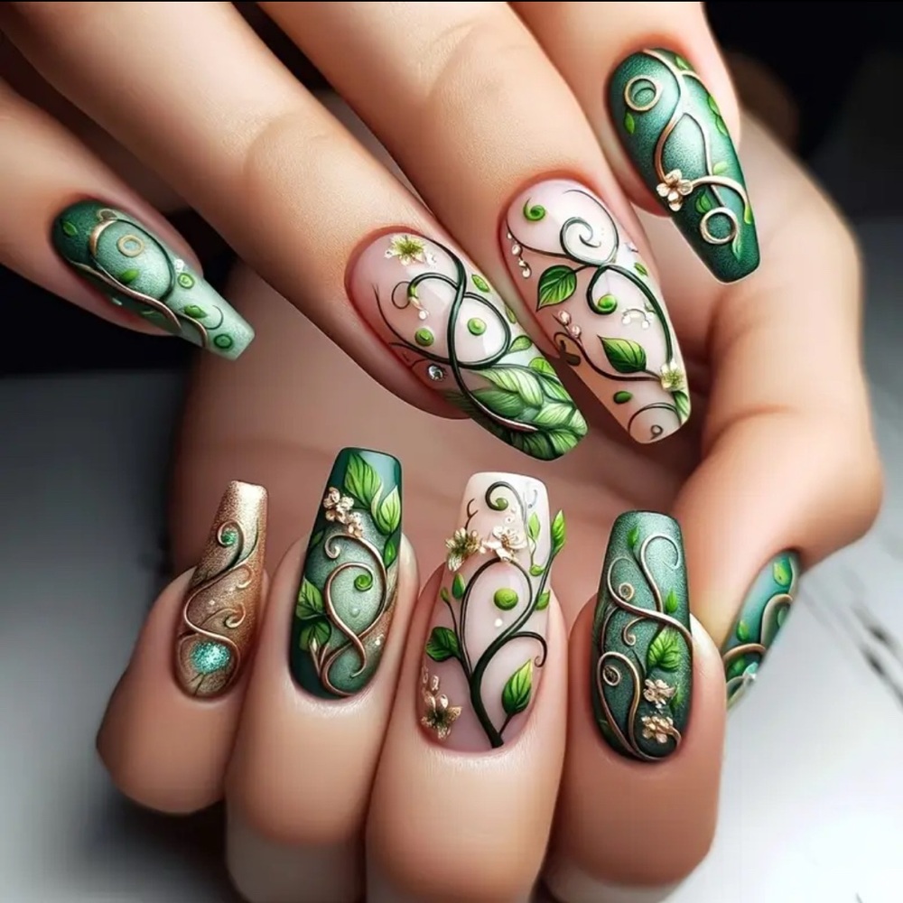 Green & Cream Floral Press On Nail Art Reusable 24 pc Ballet Medium Matte NWT